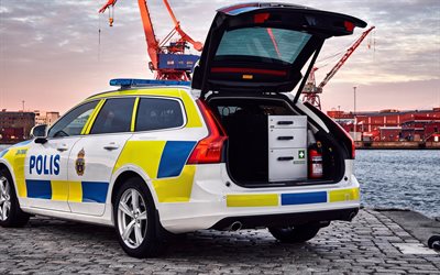 Volvo V90, 2018, Police car, rear view, interior, luggage office, special cars, Swedish Police, wagon, Swedish cars, Volvo