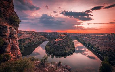 Duraton River, evening, sunset, canyon, beautiful river, Segovia, Spain, Hoces del R&#237;o Duraton Natural Park