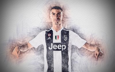 Cristiano Ronaldo, 4k, artwork, football, CR7 Juve, Serie A, Juventus, Ronaldo, Bianconeri, soccer, Juve, CR7, footballers, drawing Cristiano Ronaldo