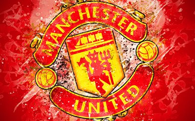 Manchester United FC, 4k, paint art, logo, creative, English football team, Premier League, emblem, red background, grunge style, Manchester, England, UK, football