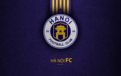 Ha Noi FC, 4k, textura de couro, logo, Vietnamita futebol clube, roxo amarelo linhas, emblema, arte criativa, V-League 1, Han&#243;i, Vietname, futebol, Han&#243;i Futebol Clube