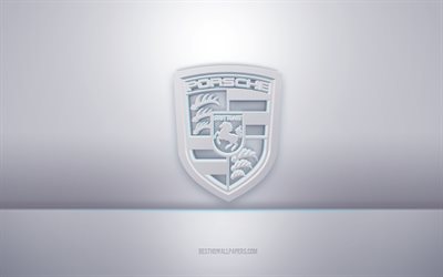 Logo Porsche 3d blanc, fond gris, logo Porsche, art 3d créatif, Porsche, emblème 3d