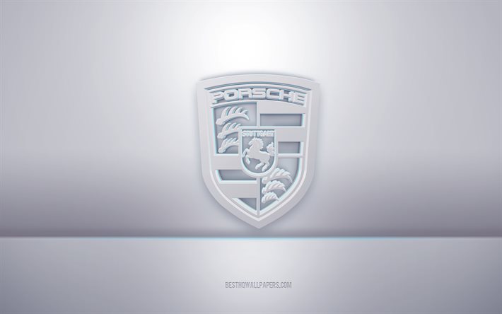 Logotipo 3D branco da Porsche, plano de fundo cinza, logotipo da Porsche, arte criativa em 3D, Porsche, emblema 3D
