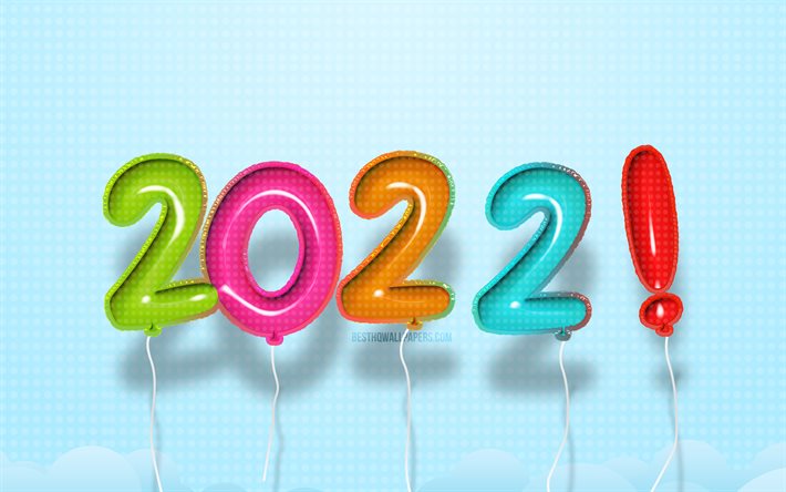 Feliz a&#241;o nuevo 2022, 4k, 2022 d&#237;gitos de globos de colores, fondo de nubes azules, 2022 conceptos, coloridos globos 3D, a&#241;o nuevo 2022, 2022 sobre fondo azul, d&#237;gitos del a&#241;o 2022
