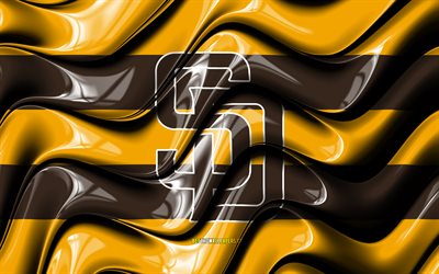 Drapeau des San Diego Padres, 4k, vagues 3D jaunes et brunes, MLB, &#233;quipe de baseball am&#233;ricaine, logo des San Diego Padres, baseball, San Diego Padres