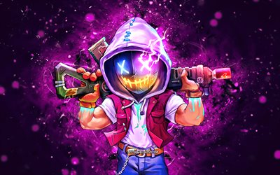 Wade, 4k, violet neon lights, Neon Abyss, roguelike, Neon Abyss characters, Wade Neon Abyss, Wade character