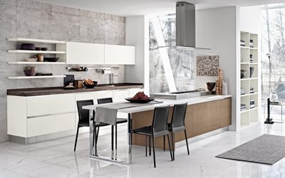 design elegante della cucina, design d'interni moderno, cucina in stile loft, pareti grigio cemento in cucina, progetto di cucina soppalcata, idea di cucina