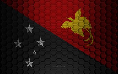 Papua New Guinea flag, 3d hexagons texture, Papua New Guinea, 3d texture, Papua New Guinea 3d flag, metal texture, flag of Papua New Guinea