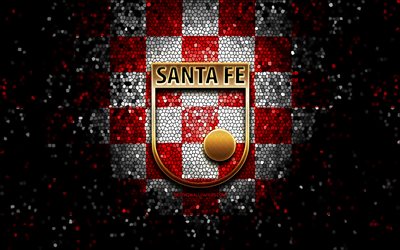 Independiente Santa Fe FC, glitterlogo, Kategoria Primera A, r&#246;dvit rutig bakgrund, fotboll, colombiansk fotbollsklubb, Independiente Santa Fe -logotyp, mosaikkonst, Independiente Santa Fe, Colombiansk fotbollsliga