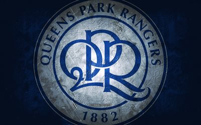 Queens Park Rangers FC, &#233;quipe de football anglaise, fond bleu, logo Queens Park Rangers FC, art grunge, championnat EFL, Londres, football, Angleterre, embl&#232;me du Queens Park Rangers FC