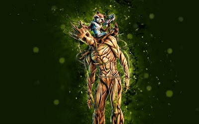 Groot with Rocket, 4k, green neon lights, Fortnite Battle Royale, Fortnite characters, Groot with Rocket Skin, Fortnite, Groot with Rocket Fortnite