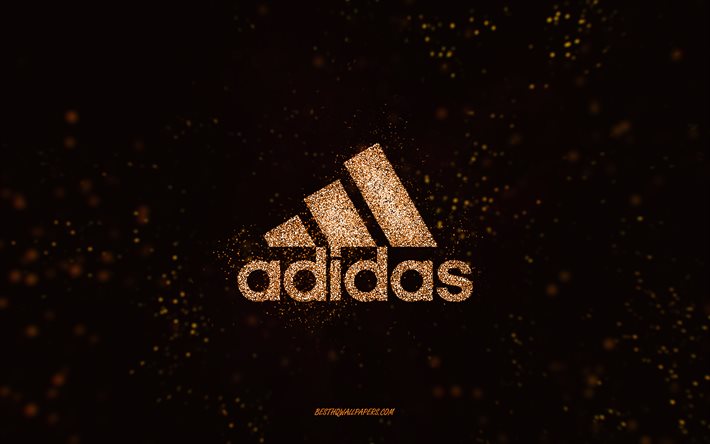 Adidas glitter logo, 4k, musta tausta, Adidas logo, oranssi glitter art, Adidas, creative art, Adidas oranssi glitter logo