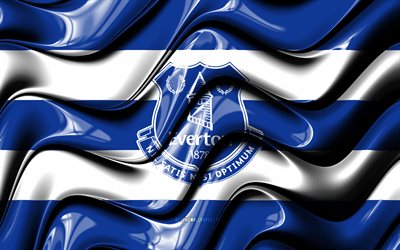 Evertonin lippu, 4k, sinivalkoiset 3D -aallot, Valioliiga, englantilainen jalkapalloseura, jalkapallo, Everton -logo, Everton FC
