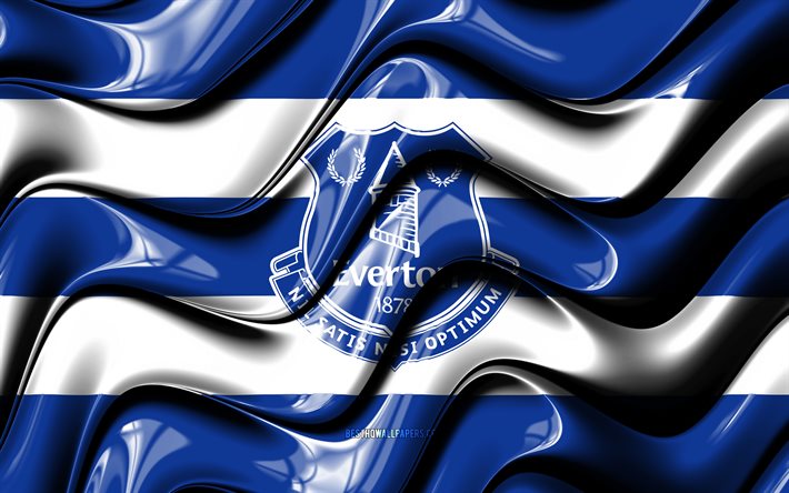 エバートンの旗, 4k, 青と白の3D波, プレミアリーグ, 英語のサッカークラブ, フットボール。, エバートンのロゴ, エバートンFC, サッカー