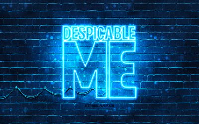 Despicable Me blue logo, 4k, blue brickwall, Despicable Me logo, minions, Despicable Me neon logo, Despicable Me