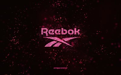 Reebok glitter logo, 4k, black background, Reebok logo, pink glitter art, Reebok, creative art, Reebok pink glitter logo