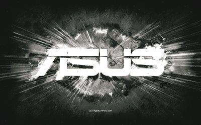 Asus logo, grunge art, white stone background, Asus white logo, Asus, creative art, Asus grunge logo