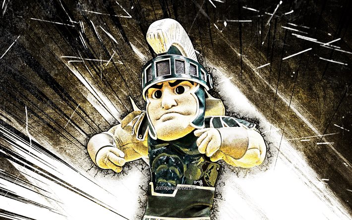 4k, Sparty, arte do grunge, mascote, Michigan State Spartan, NCAA, Michigan State Spartan mascote, raios abstratos marrons, mascotes NCAA, mascote oficial, mascote Sparty