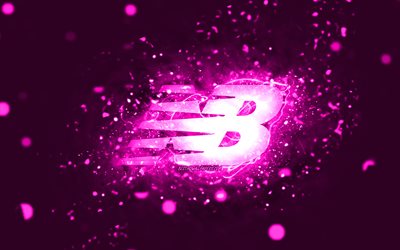 New Balance purple logo, 4k, purple neon lights, creative, purple abstract background, New Balance logo, fashion brands, New Balance