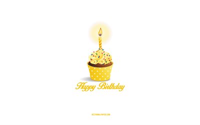 お誕生日おめでとうございます, 4k, キャンドルとイエローケーキ, お誕生日おめでとうグリーティングカード, バースデーアート, お誕生日おめでとうの概念, 白背景