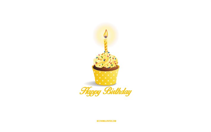 Feliz anivers&#225;rio, 4k, bolo amarelo com vela, cart&#227;o de feliz anivers&#225;rio, arte de anivers&#225;rio, conceitos de feliz anivers&#225;rio, fundo branco