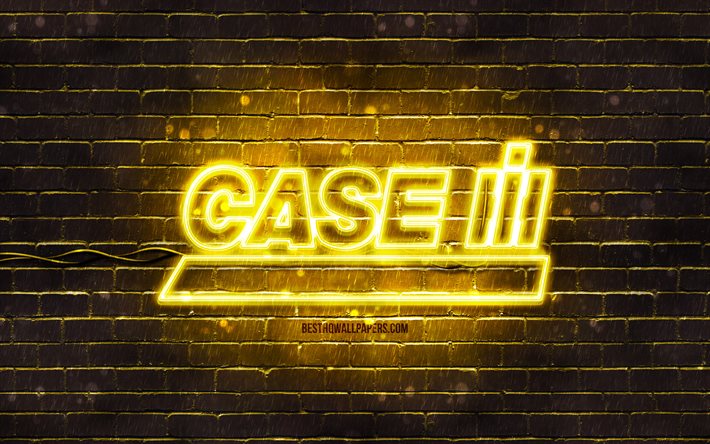 Logotipo amarelo Case IH, 4k, parede de tijolos amarela, logotipo Case IH, marcas, logotipo de n&#233;on Case IH, Case IH