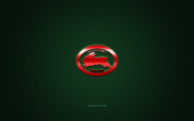 South Sydney Rabbitohs, Australian rugby club, NRL, red logo, green carbon fiber background, National Rugby League, rugby, Sydney, Australia, South Sydney Rabbitohs logo