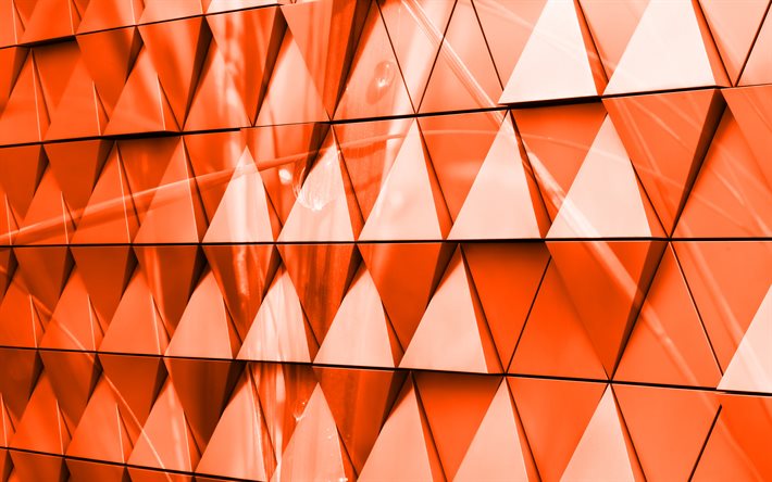 triangolo 3d arancione, sfondo, 4k, sfondo 3d arancione, triangoli di vetro, 3d creativo, sfondo rosa, triangoli di vetro 3d arancione