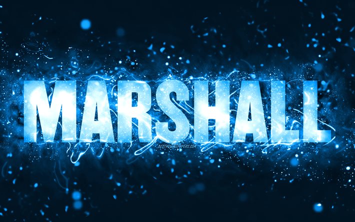 Feliz Anivers&#225;rio Marshall, 4k, luzes de n&#233;on azuis, nome Marshall, criativo, Marshall Feliz Anivers&#225;rio, Marshall Anivers&#225;rio, nomes masculinos americanos populares, imagem com nome Marshall, Marshall