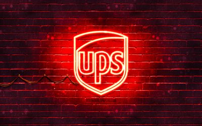 UPS red logo, 4k, red brickwall, UPS logo, brands, UPS neon logo, UPS