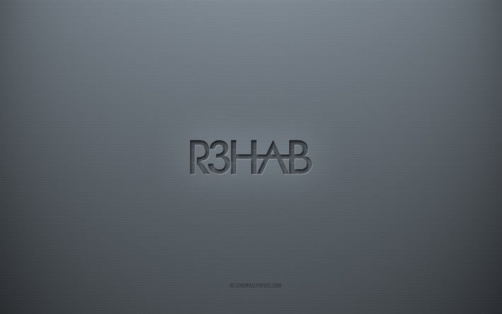 Logo R3hab, sfondo grigio creativo, emblema R3hab, trama di carta grigia, R3hab, sfondo grigio, logo R3hab 3d