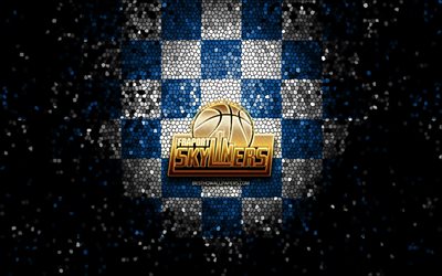 skyliners frankfurt, glitzer-logo, bbl, blau-wei&#223; karierter hintergrund, basketball, deutscher basketballverein, skyliners frankfurt-logo, mosaikkunst, basketball-bundesliga