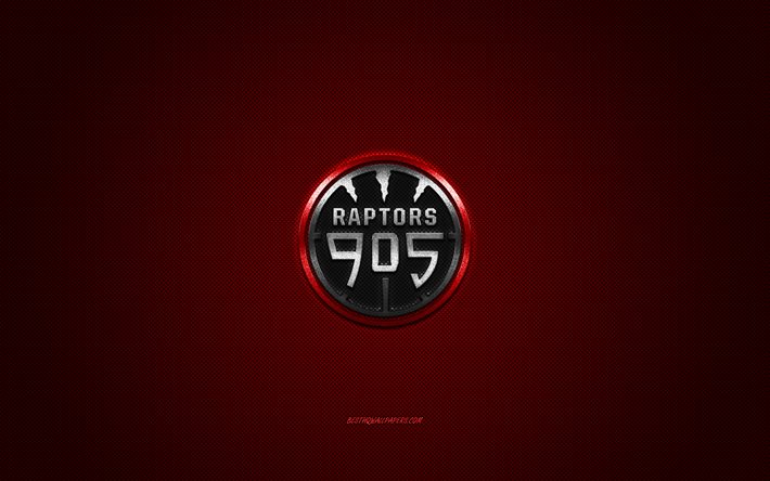 Raptors 905, Canadian basketball club, gray logo, red carbon fiber background, NBA G League, basketball Canada, USA, Raptors 905 logo