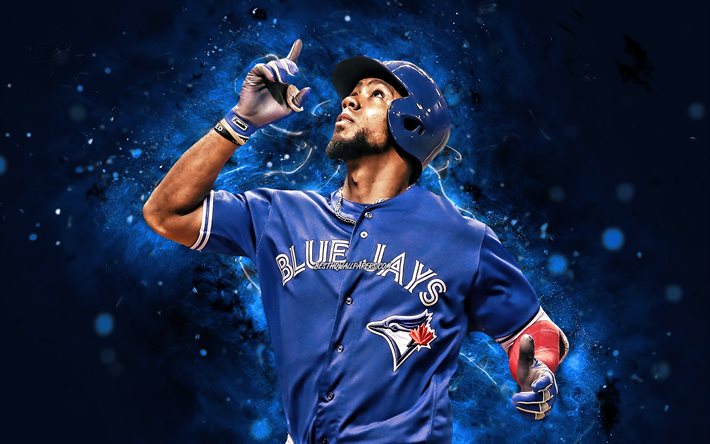 Teoscar Hernandez, 4k, Toronto Blue Jays, MLB, esterno, baseball, Mr Seeds, Teoscar Jose Hernandez, luci al neon blu, Teoscar Hernandez Toronto Blue Jays, Teoscar Hernandez 4K