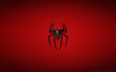 4k, Spider-Man siyah logosu, minimal, Spider-Man logosu, kırmızı arka planlar, Spiderman, s&#252;per kahramanlar, Spider-Man 3D logosu, Spider-Man minimalizmi, Spider-Man