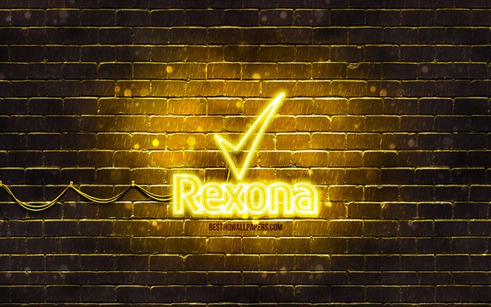 Rexona yellow logo, 4k, yellow brickwall, Rexona logo, brands, Rexona neon logo, Rexona