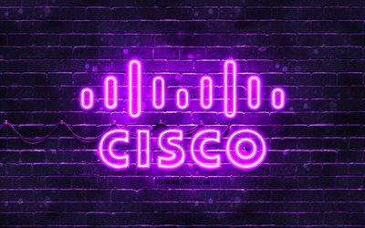 Cisco violetti logo, 4k, violetti tiilisein&#228;, Cisco -logo, tuotemerkit, Cisco neonlogo, Cisco