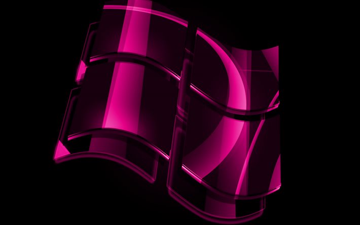 4k, Windowsの紫色のロゴ, 紫の背景, OS, 窓ガラスのロゴ, アートワーク, Windows3Dロゴ, Windows
