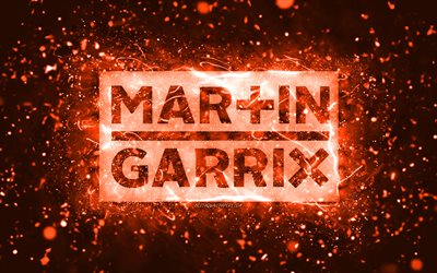 Martin Garrix logo arancione, 4k, DJ olandesi, luci al neon arancioni, creativo, sfondo arancione astratto, Martijn Gerard Garritsen, logo Martin Garrix, star della musica, Martin Garrix