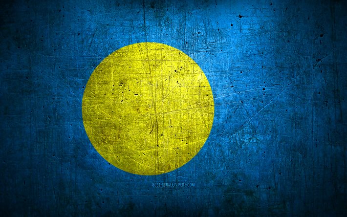 Palau metal bayrak, grunge sanat, okyanus &#252;lkeleri, Palau G&#252;n&#252;, ulusal semboller, Palau bayrağı, metal bayraklar, Palau Bayrağı, Okyanusya, Palau