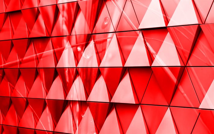 المثلث الأحمر 3d الخلفية, 4 ك, الأحمر، 3d، الخلفية, مثلثات زجاجية, جميل 3D خلفية الوردي, مثلثات الزجاج الأحمر 3d