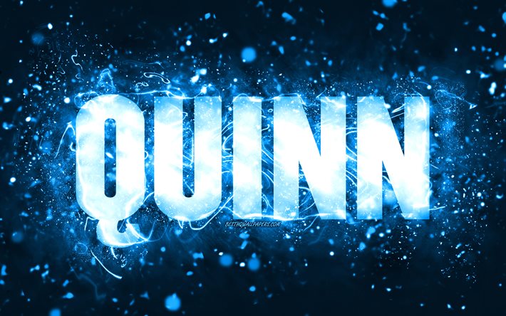 Buon Compleanno Quinn, 4k, luci al neon blu, nome Quinn, creativo, Compleanno Quinn, nomi maschili americani popolari, foto con nome Quinn, Quinn