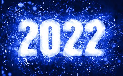 4 ك, كل عام و انتم بخير, أضواء النيون الأزرق الداكن, 2022 مفاهيم, 2022 العام الجديد, 2022 على خلفية زرقاء داكنة, 2022 أرقام سنة, 2022 رقم باللون الأزرق الداكن