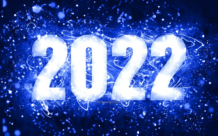 4k, 明けましておめでとうございます, ダークブルーのネオンライト, 2022年のコンセプト, 2022年新年, 紺色の背景に2022, 2022年の数字, 2022年の紺色の数字