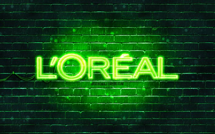 Loreal logo verde, 4k, muro di mattoni verde, Loreal logo, marchi, Loreal neon logo, Loreal