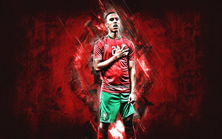 Soufiane Rahimi, Marokon jalkapallomaajoukkue, marokkolainen jalkapalloilija, punainen kivi tausta, jalkapallo, Marokko