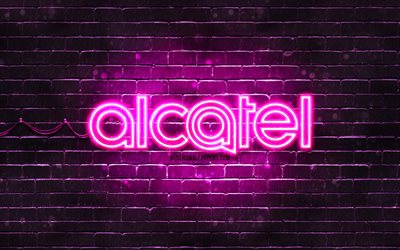 Alcatel mor logosu, 4k, mor brickwall, Alcatel logosu, markalar, Alcatel neon logosu, Alcatel