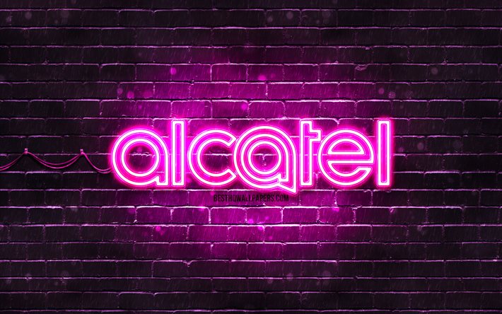 Alcatel lila logotyp, 4k, lila tegelv&#228;gg, Alcatel logotyp, m&#228;rken, Alcatel neon logotyp, Alcatel