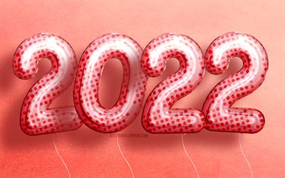 2022ピンクのリアルな風船の数字, 4k, 明けましておめでとうございます, ピンクのリアルな風船, 2022年のコンセプト, 2022年新年, ピンクの背景に2022, 2022年の数字
