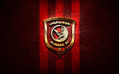 Al-Duhail FC, golden logo, QSL, red metal background, football, qatari football club, Al-Duhail SC logo, soccer, Al-Duhail SC